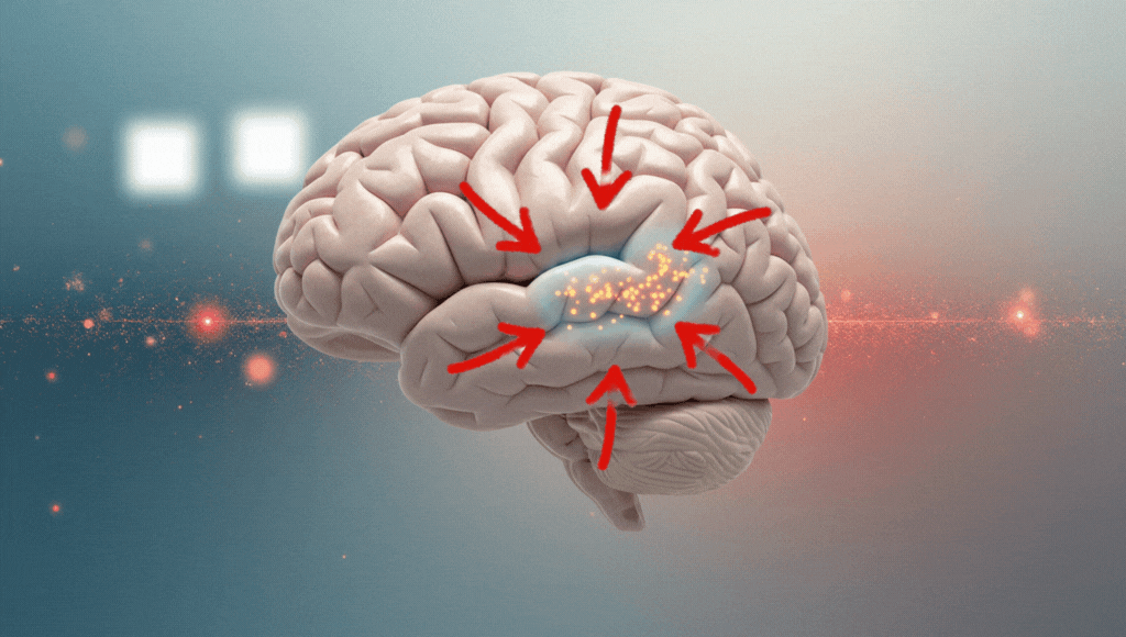 Brain diagram showing auditory cortex and ear ringing mechanism
